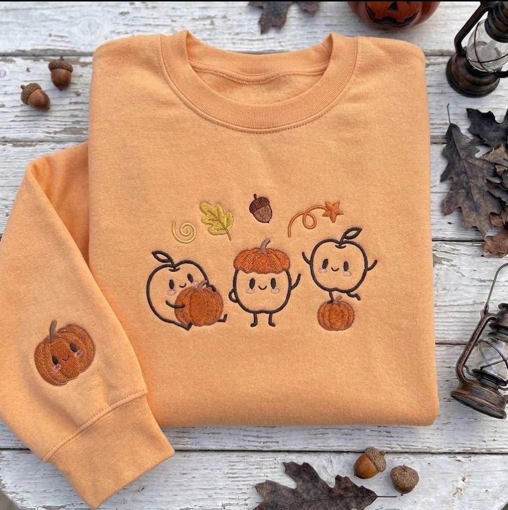 Custom Embroidered Fall Sprites Sweatshirt, Pumpkins Autumn Acorn Sleeve Crewneck