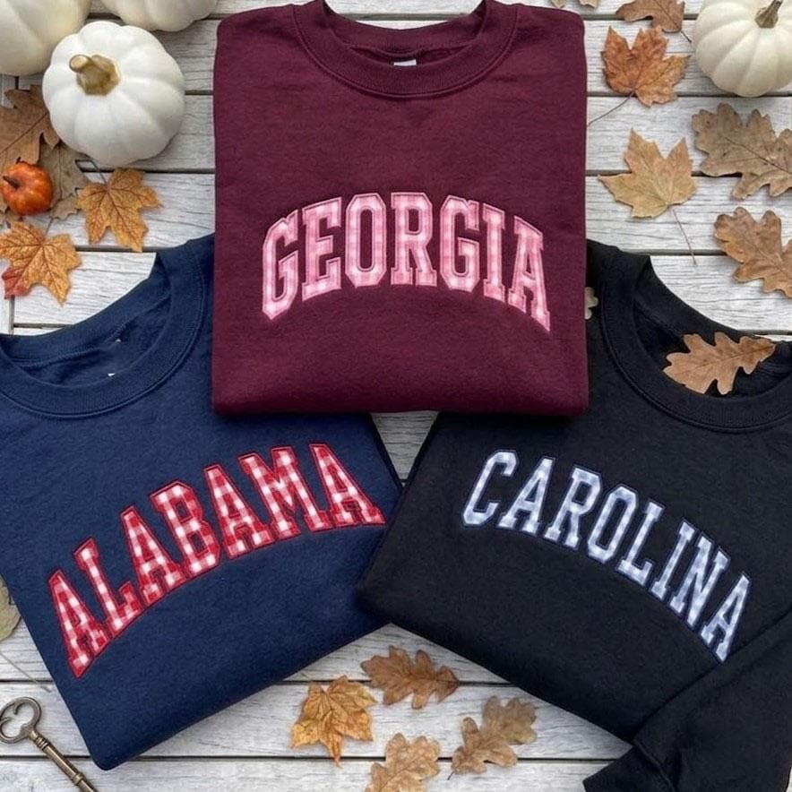 Custom Embroidered State Gingham Sweatshirt, Personalized Hometown Pride Crewneck