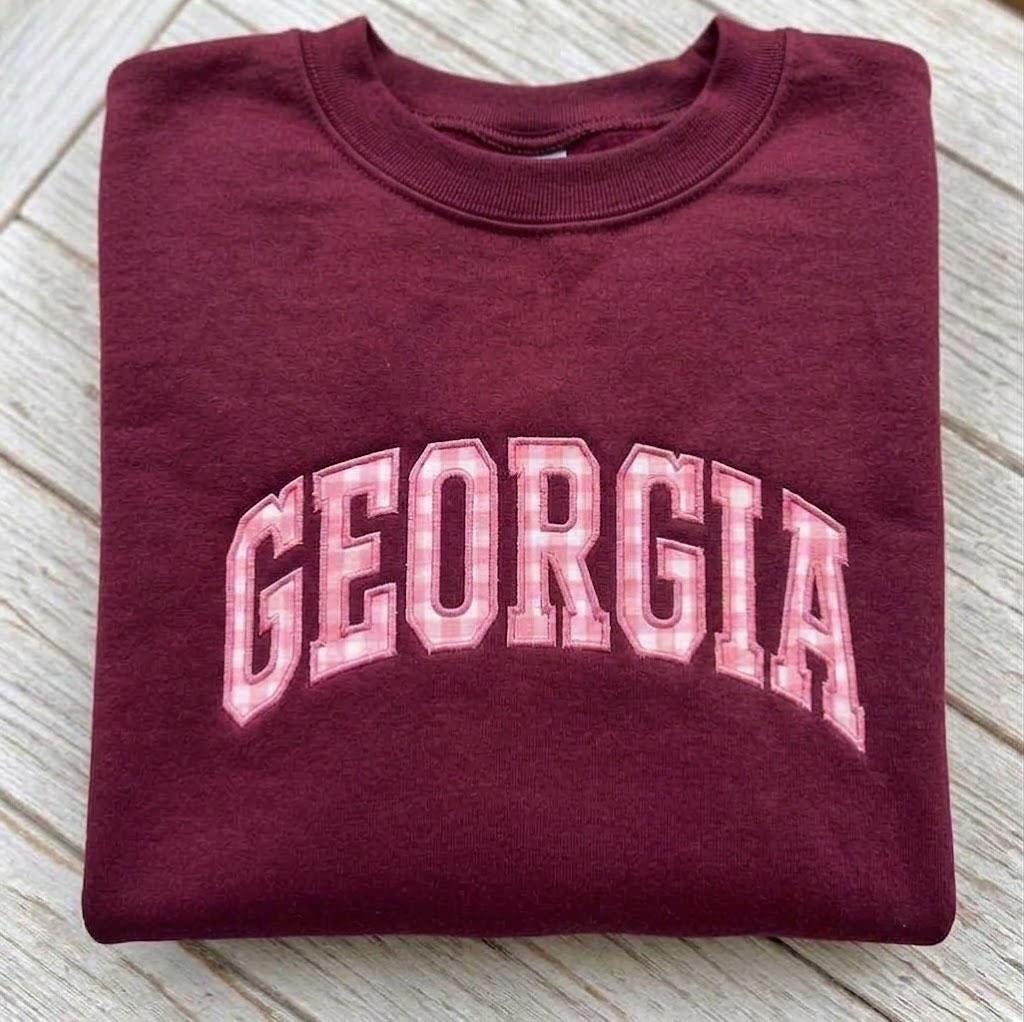 Custom Embroidered State Gingham Sweatshirt, Personalized Hometown Pride Crewneck