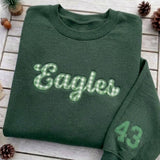 Custom Embroidered Gingham Mascot Sweatshirt, Game Day Jersey Number Sleeve Crewneck