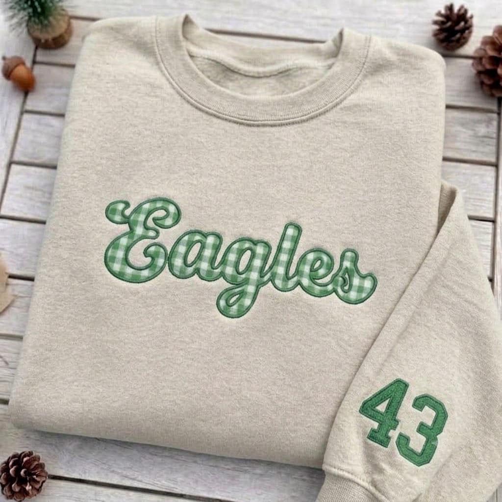 Custom Embroidered Gingham Mascot Sweatshirt, Game Day Jersey Number Sleeve Crewneck