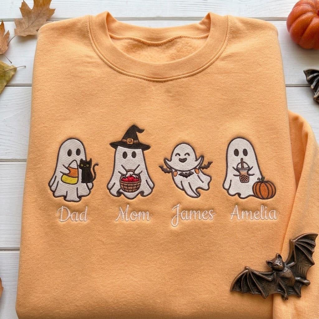 Custom Embroidered Ghost Family Sweatshirt, Personalized Name Matching Halloween Crewneck