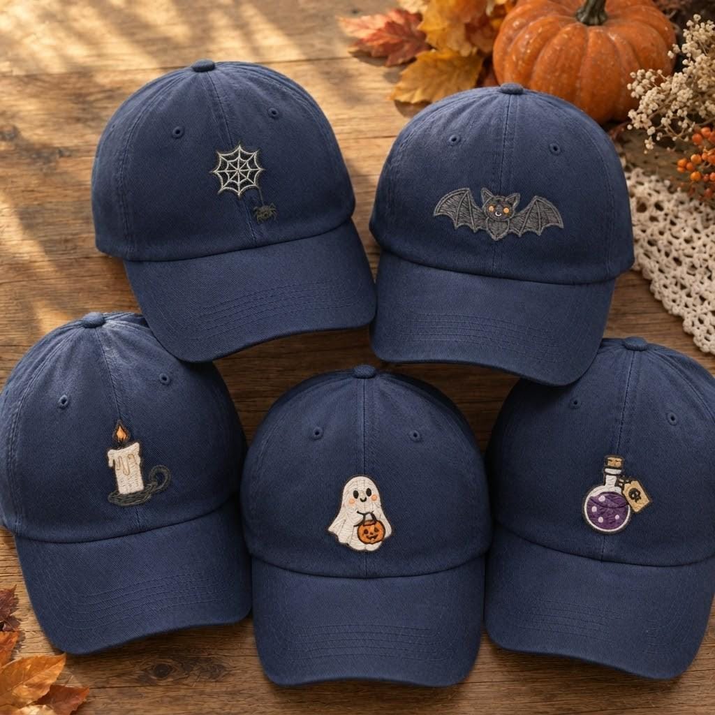 Halloween Mini Icons Embroidered Hat, Spider Web Bat Candle Ghost Baseball Cap