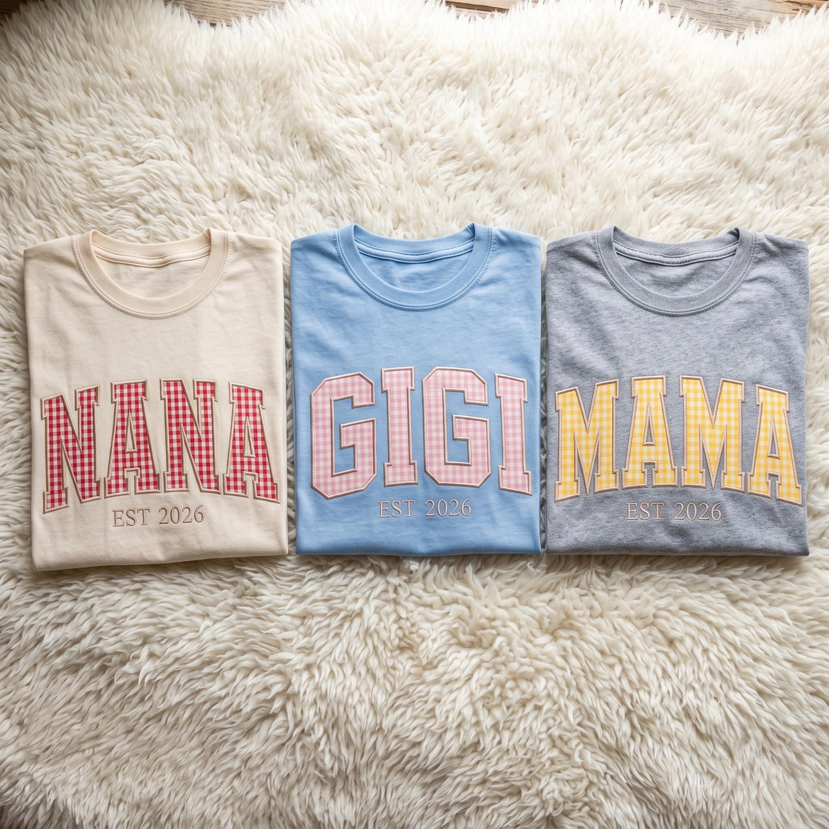 Custom Embroidered Gingham Mama Shirt, Personalized Nana Gigi Est 2026 Shirt, Gingham Applique Grandma T-Shirt, Mothers Day Gift