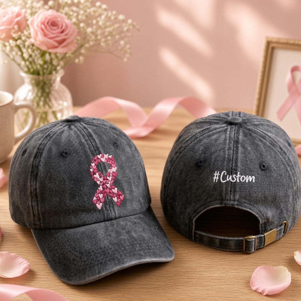 Personalized Pink Ribbon Embroidered Hat, Custom Back Text Baseball Cap, Breast Cancer Awareness Gift