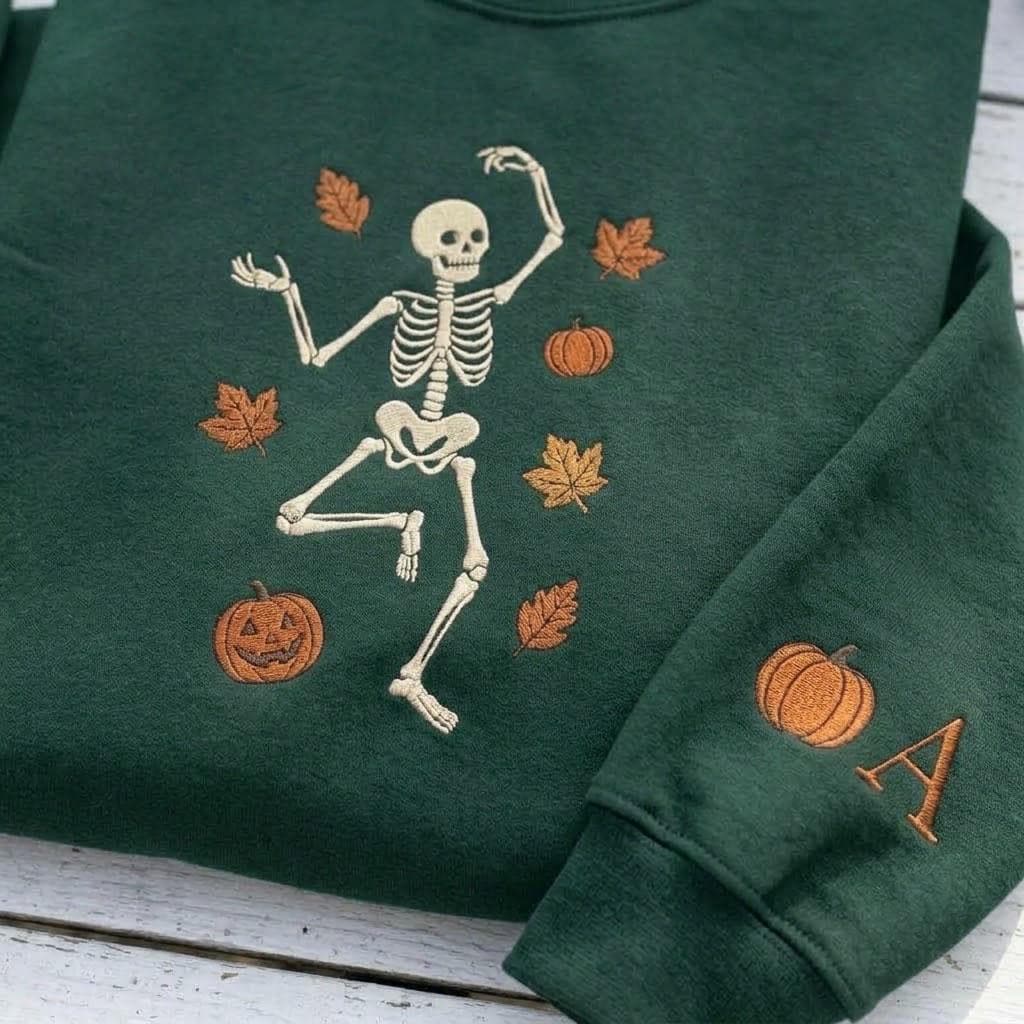 Embroidered Dancing Skeleton Sweatshirt, Custom Sleeve Initial Halloween Crewneck