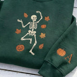 Embroidered Dancing Skeleton Sweatshirt, Custom Sleeve Initial Halloween Crewneck