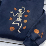 Embroidered Dancing Skeleton Sweatshirt, Custom Sleeve Initial Halloween Crewneck