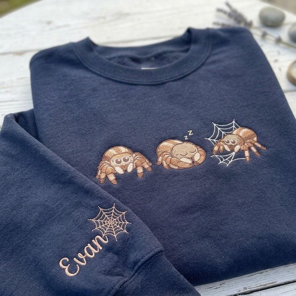 Embroidered Jumping Spider Sweatshirt, Custom Sleeve Name Spider Web Crewneck