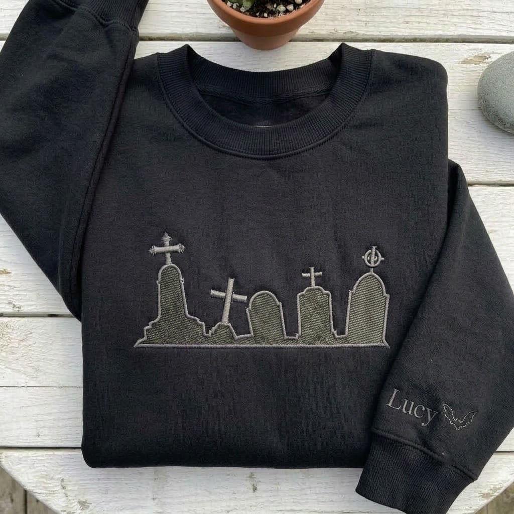 Custom Embroidered Cemetery Sweatshirt, Personalized Sleeve Name Goth Crewneck