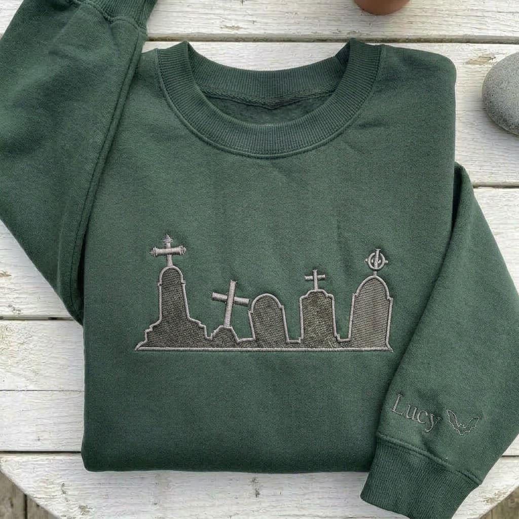 Custom Embroidered Cemetery Sweatshirt, Personalized Sleeve Name Goth Crewneck