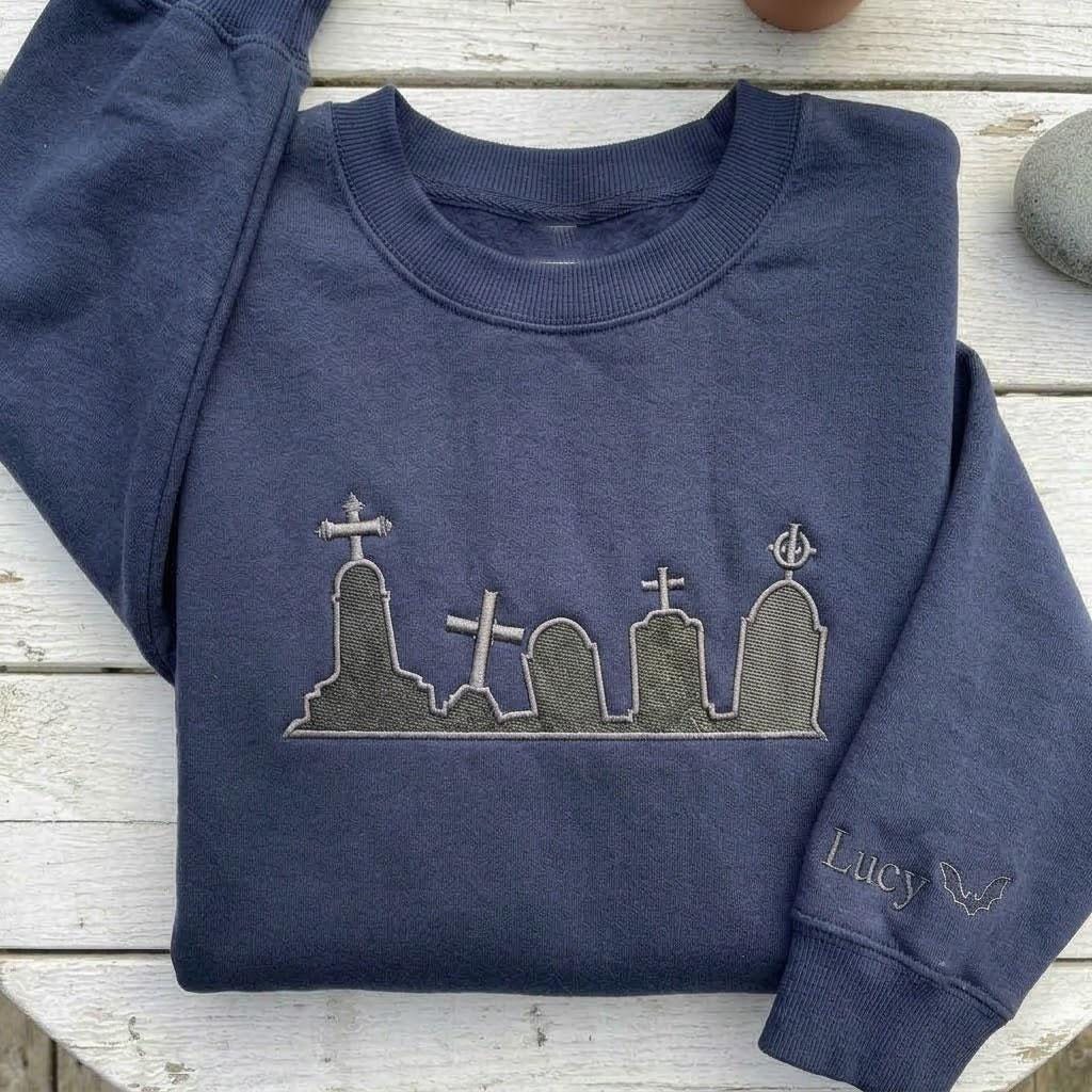 Custom Embroidered Cemetery Sweatshirt, Personalized Sleeve Name Goth Crewneck