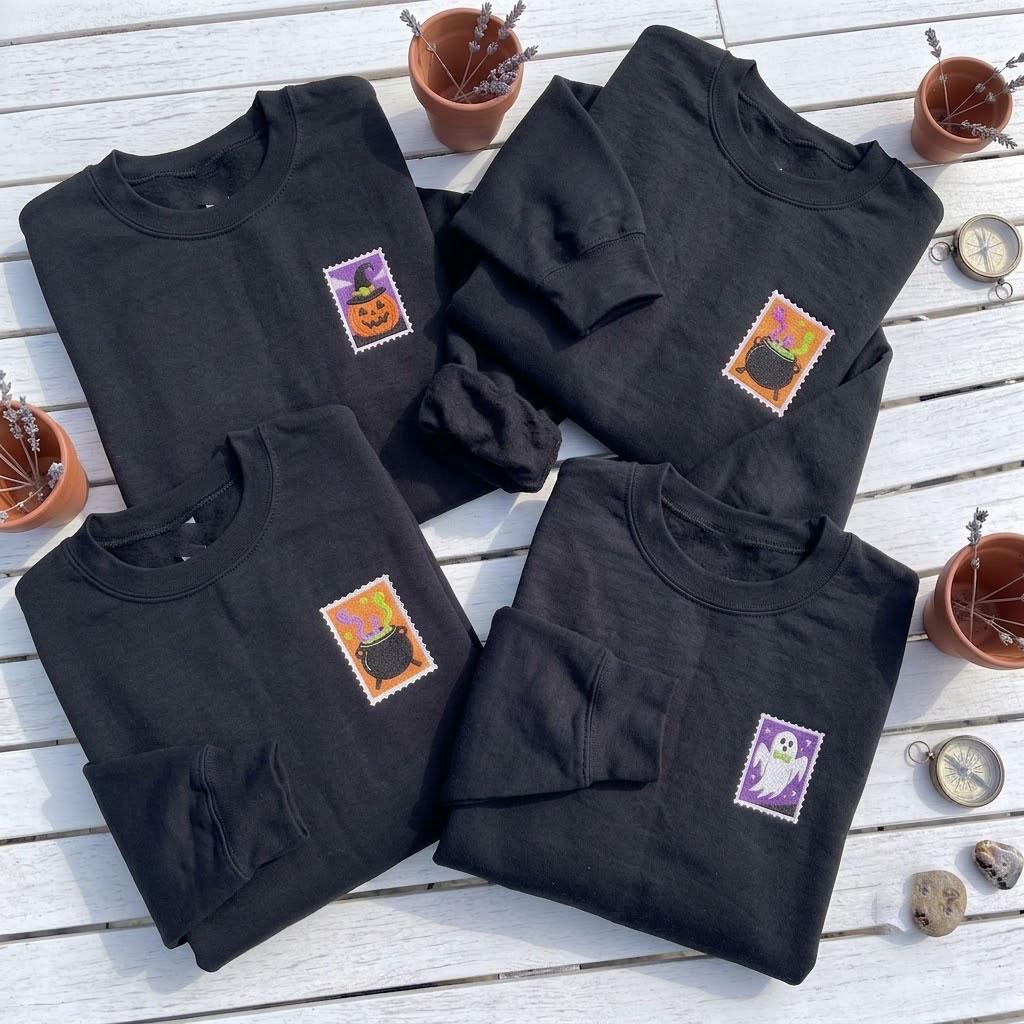Custom Embroidered Halloween Postage Stamp Sweatshirt, Cute Spooky Fall Crewneck