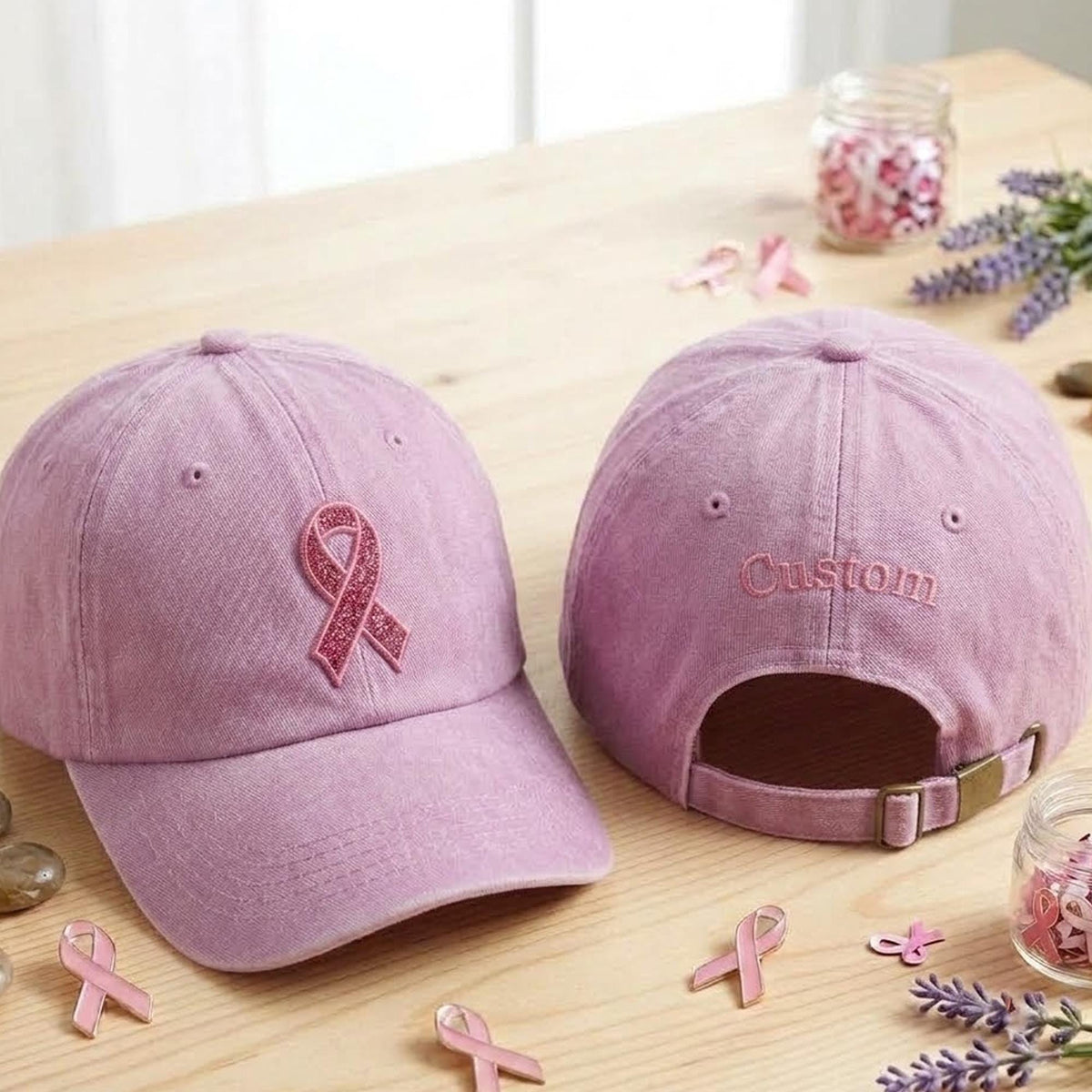 Personalized Glitter Pink Ribbon Embroidered Hat, Custom Cancer Walk Team Baseball Cap