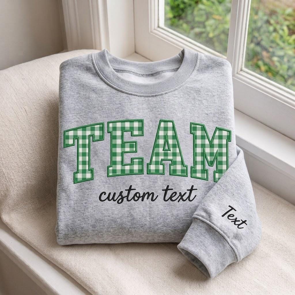 Custom School Team Gingham Sweatshirt, Personalized Applique Collegiate Varsity Crewneck