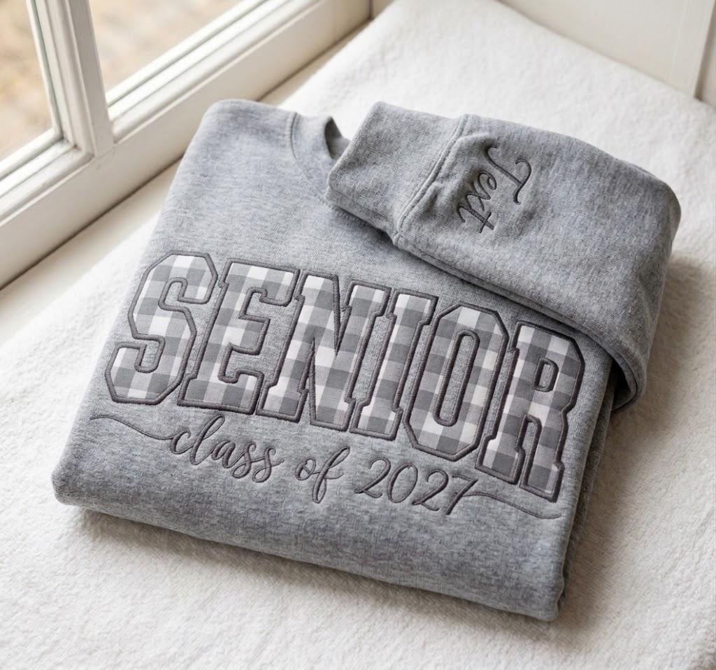 Custom Applique Senior 2027 Embroidered Sweatshirt, Gingham Varsity Graduation Crewneck