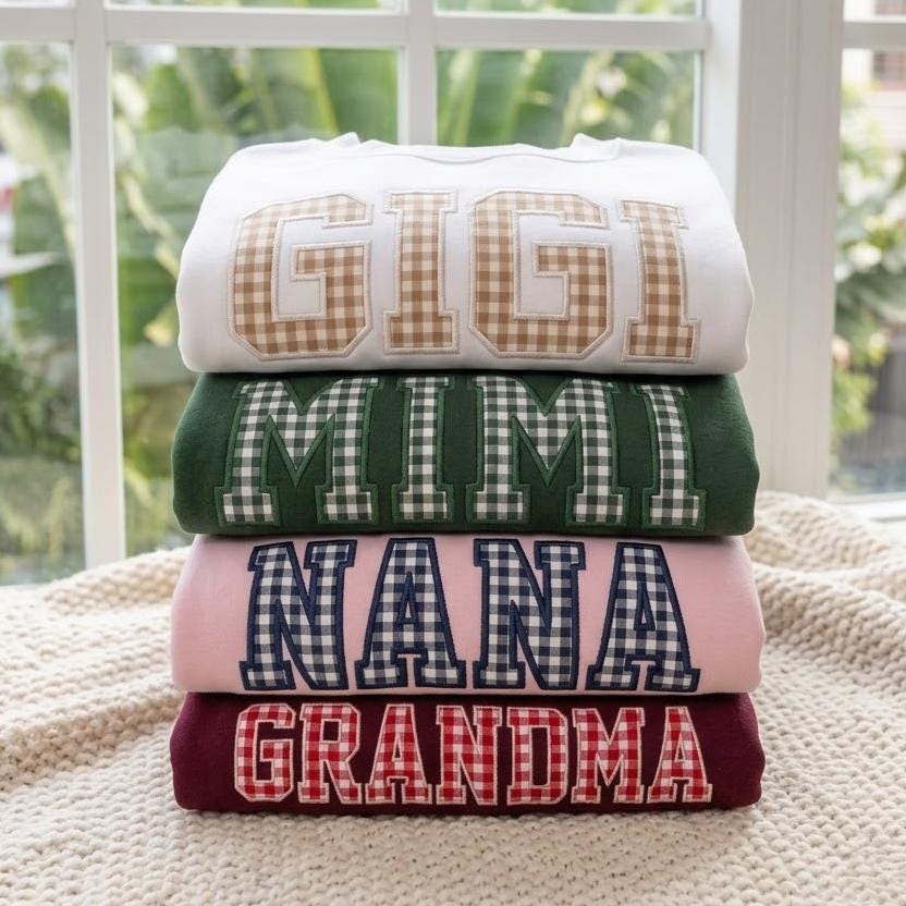 Custom Gingham Family Name Embroidered Sweatshirt, Personalized Applique Varsity Crewneck