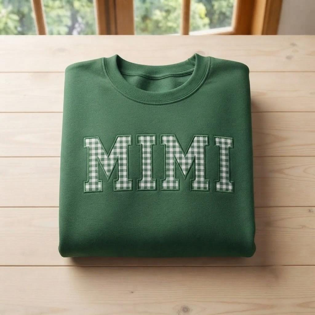 Custom Gingham Family Name Embroidered Sweatshirt, Personalized Applique Varsity Crewneck