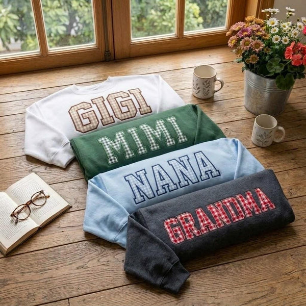 Custom Gingham Family Name Embroidered Sweatshirt, Personalized Applique Varsity Crewneck