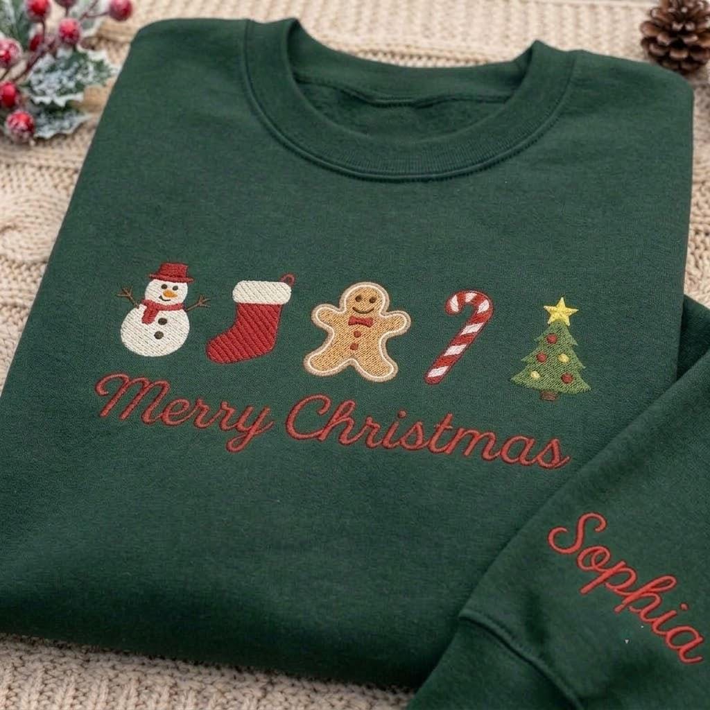 Custom Embroidered Christmas Icons Sweatshirt, Personalized Sleeve Name Holiday Crewneck