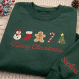 Custom Embroidered Christmas Icons Sweatshirt, Personalized Sleeve Name Holiday Crewneck