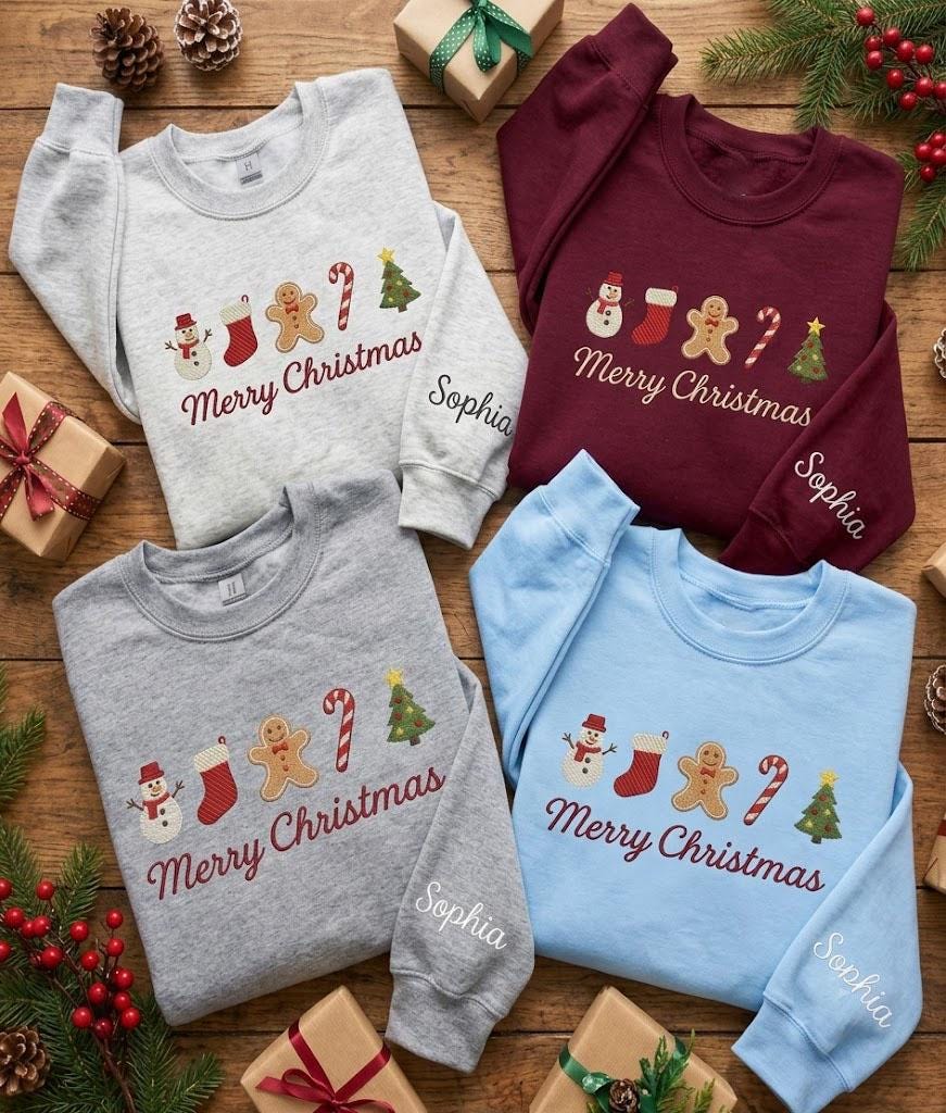 Custom Embroidered Christmas Icons Sweatshirt, Personalized Sleeve Name Holiday Crewneck