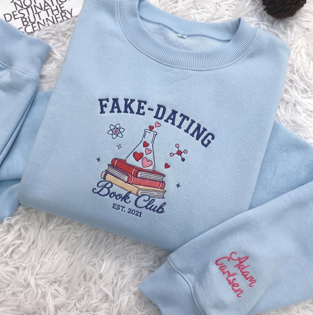 Custom Embroidered Fake Dating Book Club Sweatshirt, Cute Chemistry Bookish Custom Name Sleeve Crewneck, Romance Reader Gift For Women