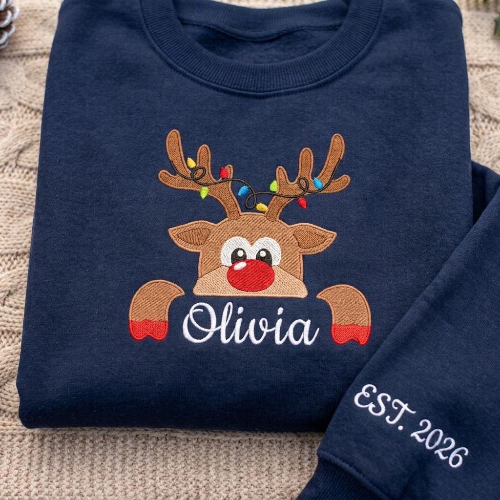 Custom Reindeer Christmas Sweatshirt, Personalized Sleeve Year Holiday Crewneck, Cute Xmas Animal Jumper, Winter Season Gift