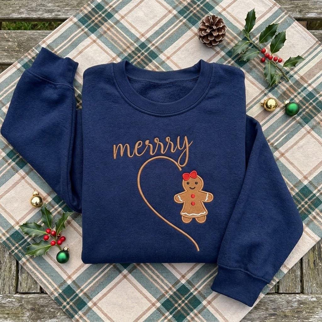 Embroidered Couple Gingerbread Christmas Sweatshirt, Matching Holiday Heart Crewneck