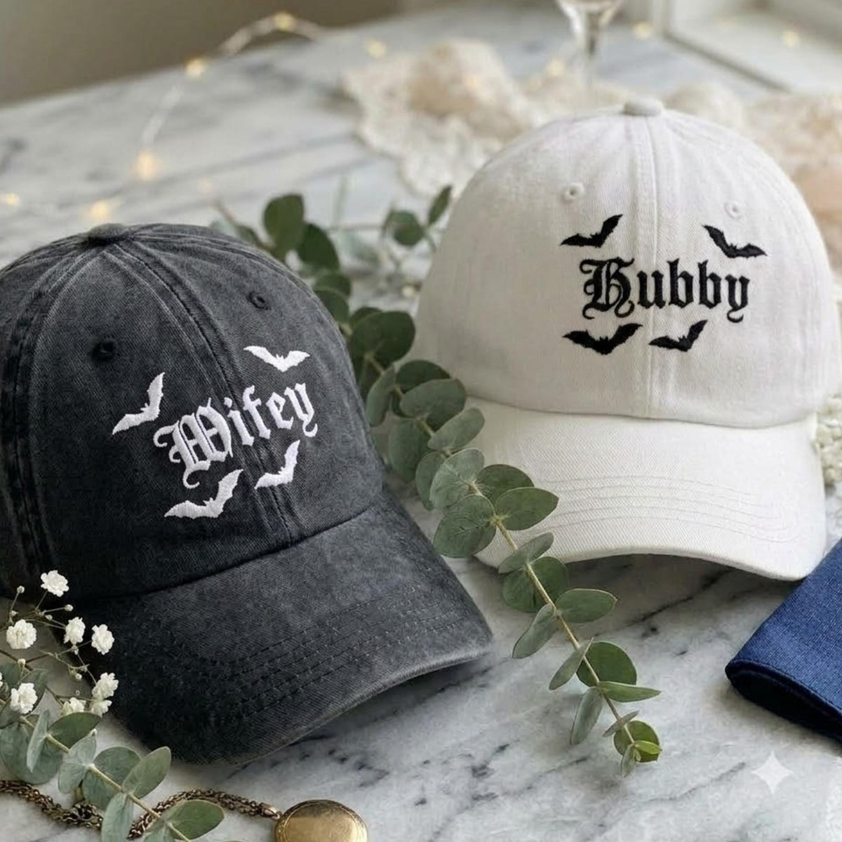 Matching Gothic Couple Embroidered Hats, Halloween Husband Wife Baseball Caps, Wedding Gift
