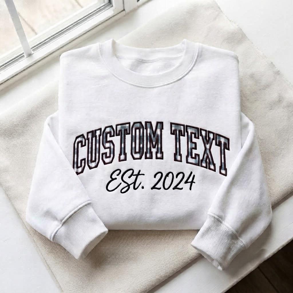 Custom Text Gingham Applique Sweatshirt, Personalized College Varsity Letter Crewneck