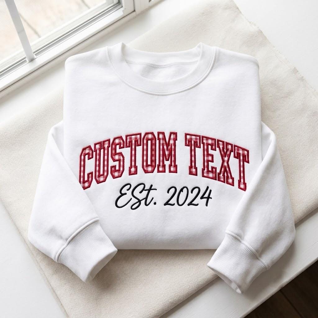 Custom Text Gingham Applique Sweatshirt, Personalized College Varsity Letter Crewneck