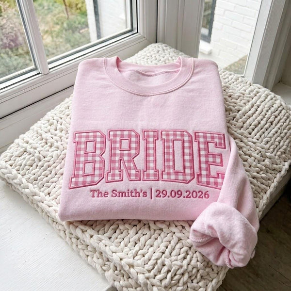 Custom Bride Gingham Applique Sweatshirt, Embroidered Wedding Bachelorette Crewneck