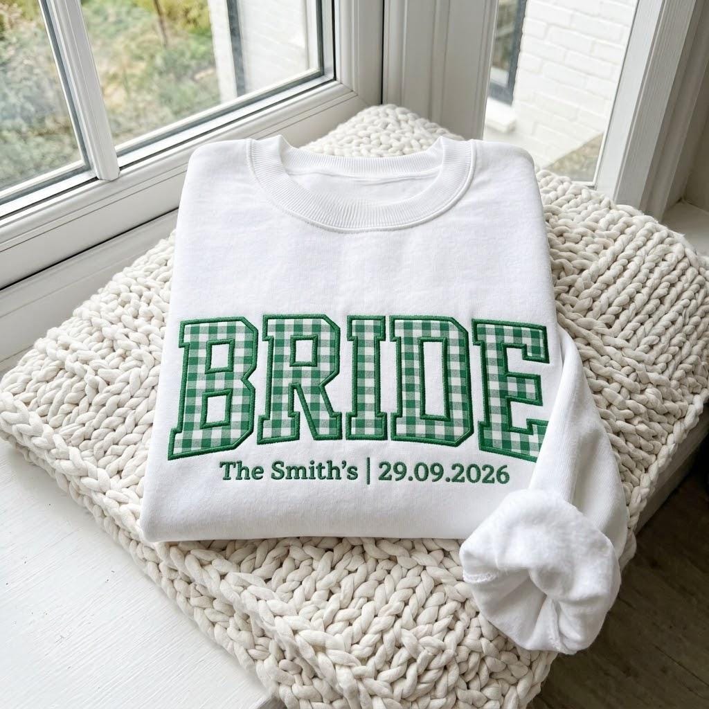 Custom Bride Gingham Applique Sweatshirt, Embroidered Wedding Bachelorette Crewneck