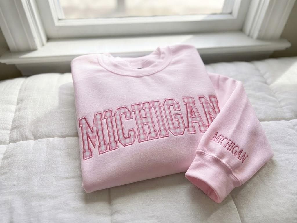 Custom Name College Gingham Applique Sweatshirt, Embroidered Varsity Letter Crewneck