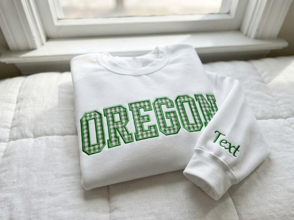 Custom Name College Gingham Applique Sweatshirt, Embroidered Varsity Letter Crewneck