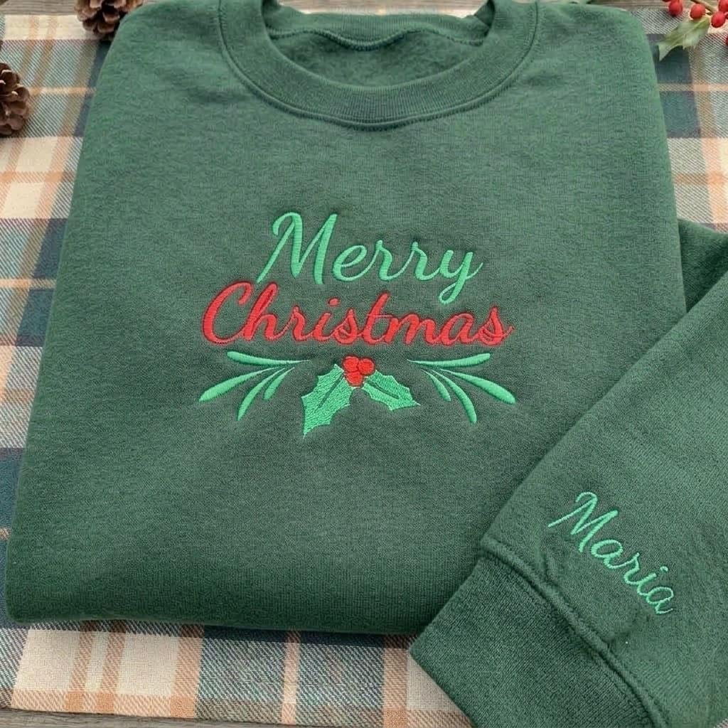 Embroidered Merry Christmas Berry Sweatshirt, Custom Sleeve Name Holiday Crewneck Gift