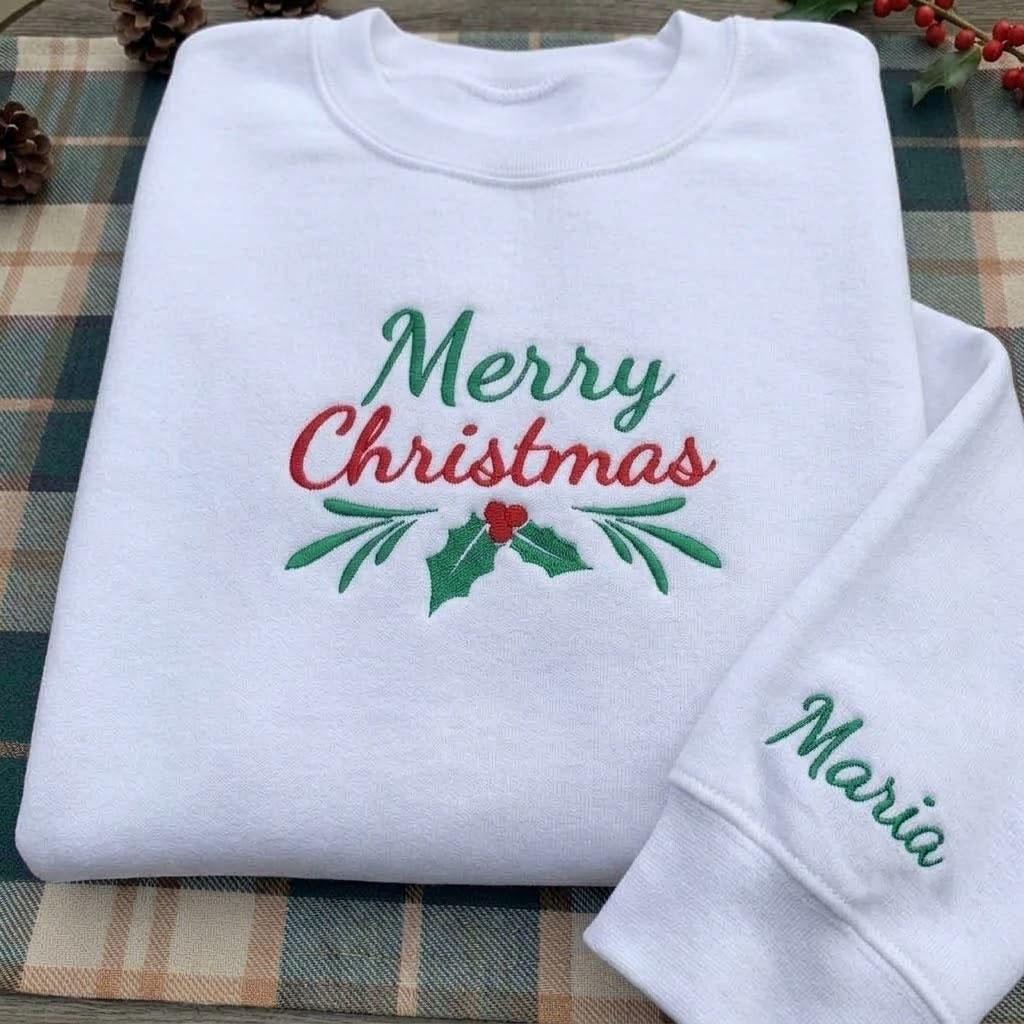 Embroidered Merry Christmas Berry Sweatshirt, Custom Sleeve Name Holiday Crewneck Gift