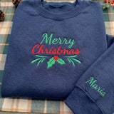 Embroidered Merry Christmas Berry Sweatshirt, Custom Sleeve Name Holiday Crewneck Gift
