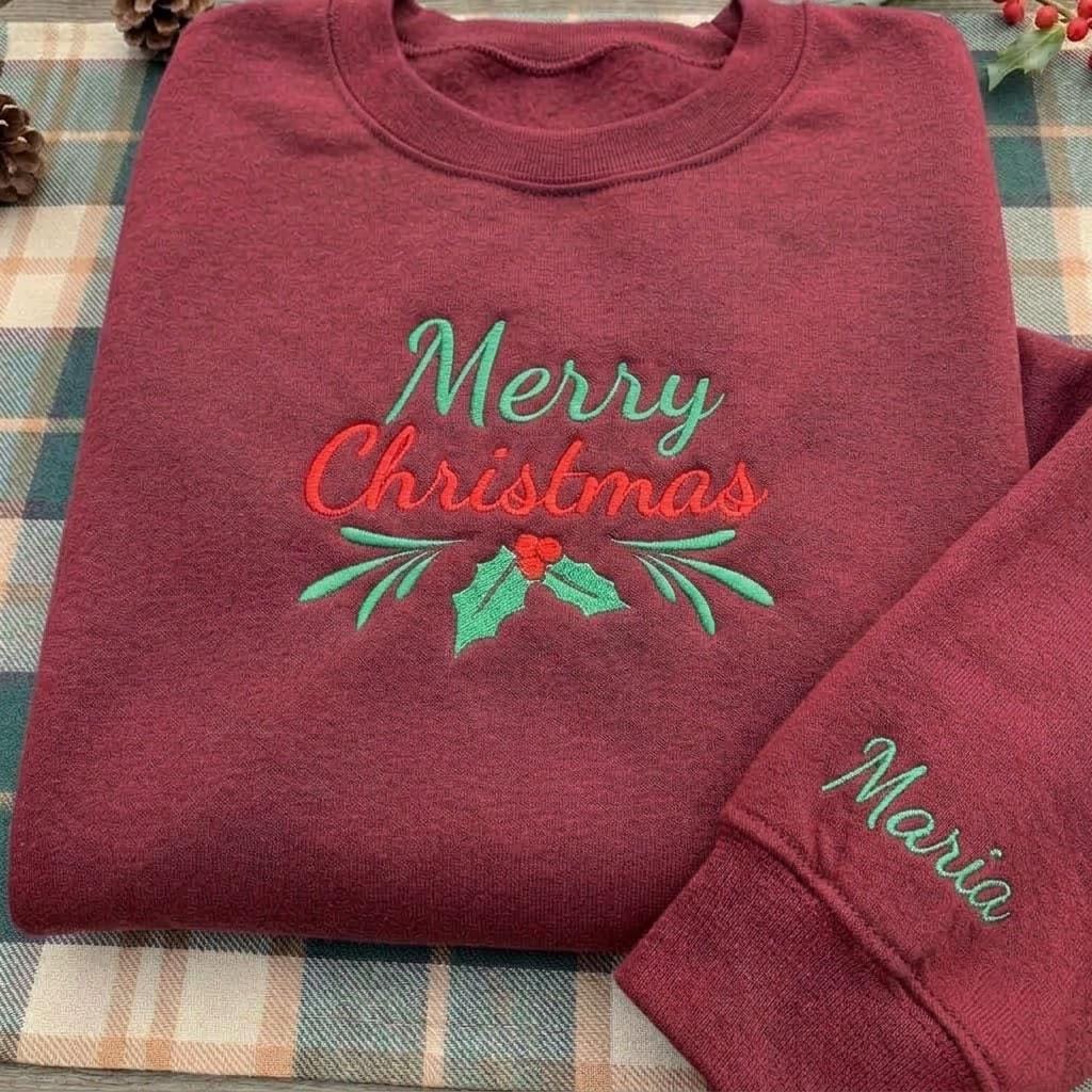 Embroidered Merry Christmas Berry Sweatshirt, Custom Sleeve Name Holiday Crewneck Gift