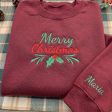 Embroidered Merry Christmas Berry Sweatshirt, Custom Sleeve Name Holiday Crewneck Gift