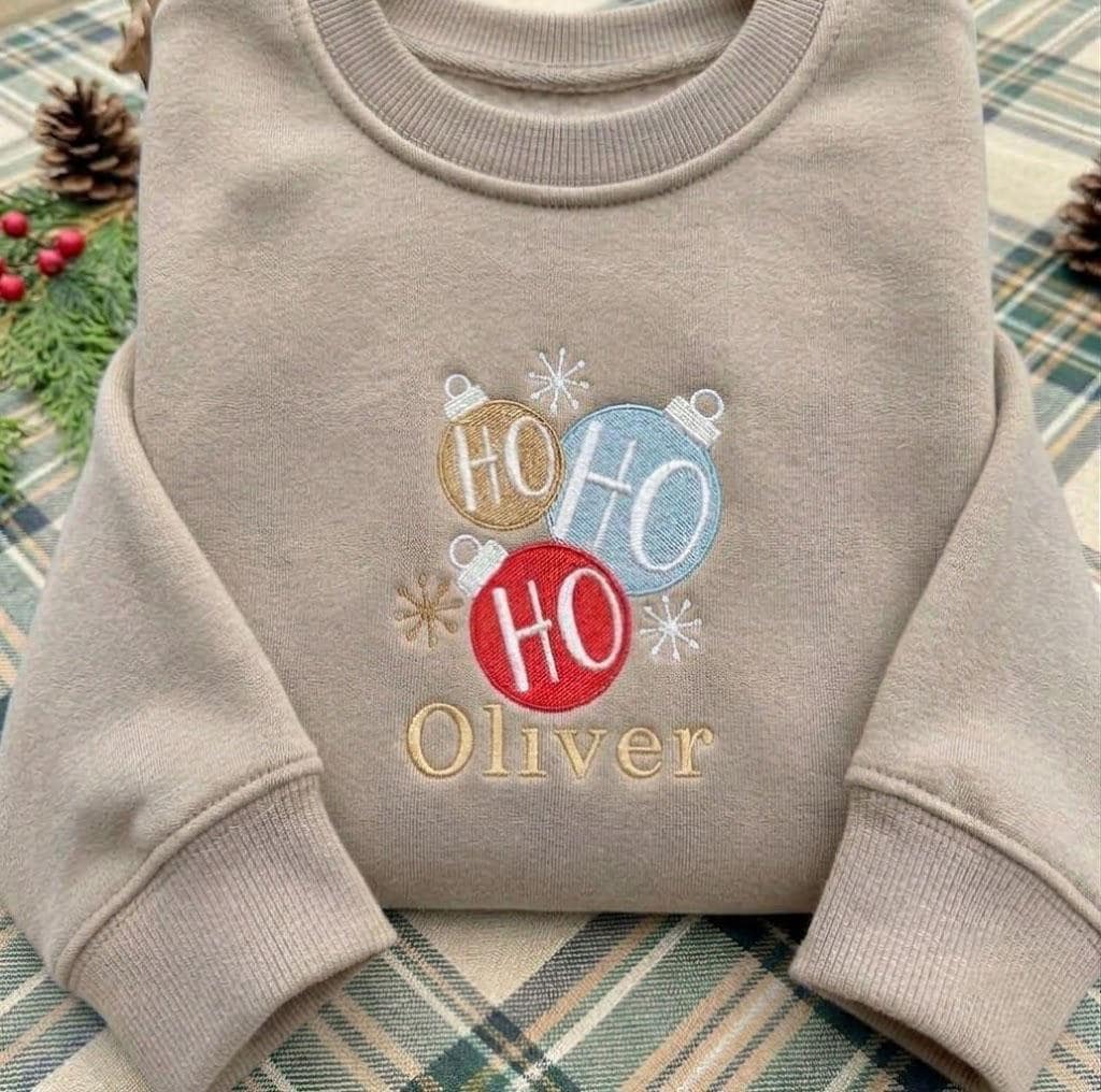 Embroidered Ho Ho Ho Christmas Sweatshirt, Custom Personalized Name Holiday Crewneck Gift
