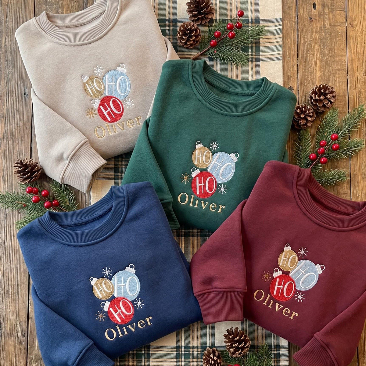 Embroidered Ho Ho Ho Christmas Sweatshirt, Custom Personalized Name Holiday Crewneck Gift