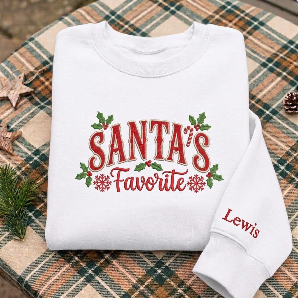 Custom Santa's Favorite Christmas Sweatshirt, Personalized Name on Sleeve Holiday Crewneck