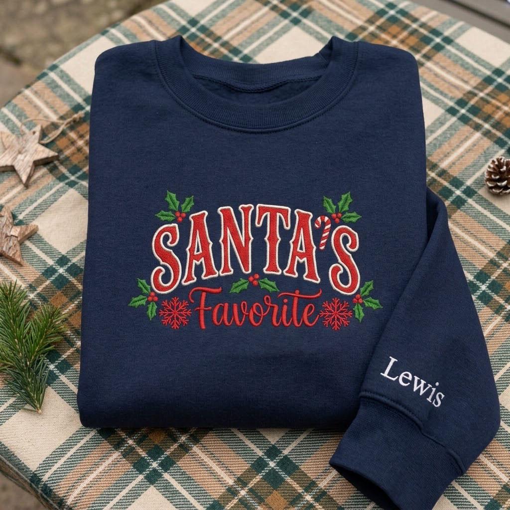Custom Santa's Favorite Christmas Sweatshirt, Personalized Name on Sleeve Holiday Crewneck