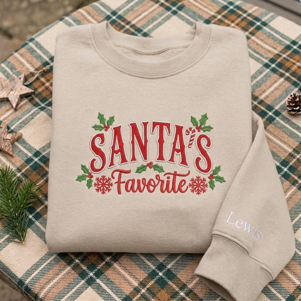 Custom Santa's Favorite Christmas Sweatshirt, Personalized Name on Sleeve Holiday Crewneck
