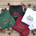 Embroidered Merry Christmas Berry Sweatshirt, Custom Sleeve Name Holiday Crewneck Gift
