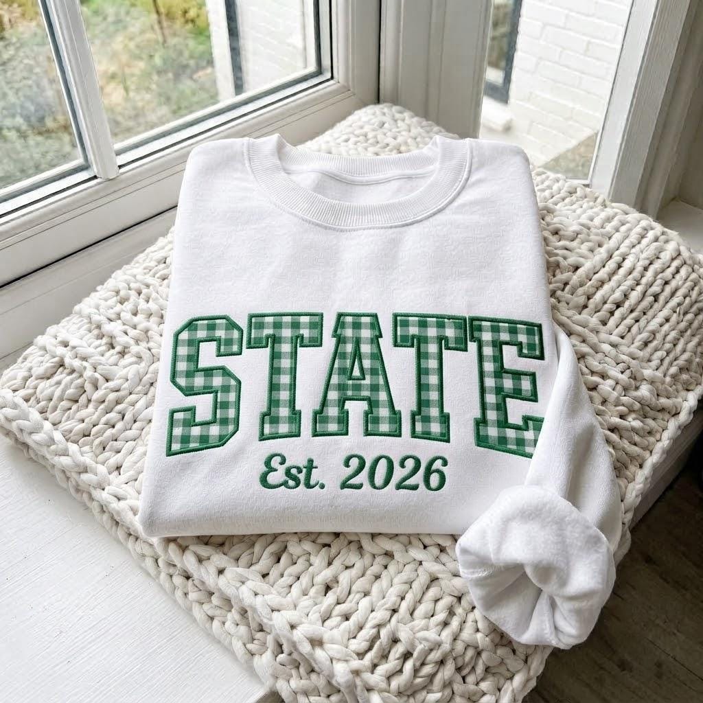 Custom State Gingham Applique Est 2026 Sweatshirt, College Varsity Embroidered Crewneck
