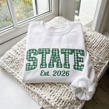Custom State Gingham Applique Est 2026 Sweatshirt, College Varsity Embroidered Crewneck