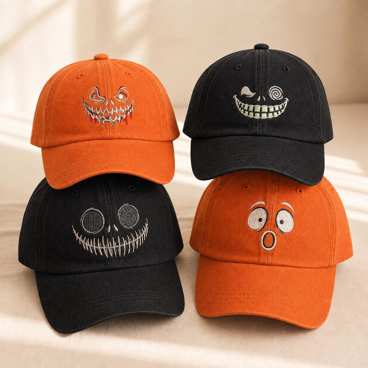 Spooky Pumpkin Faces Embroidered Hat, Funny Halloween Baseball Cap, Fall Gift
